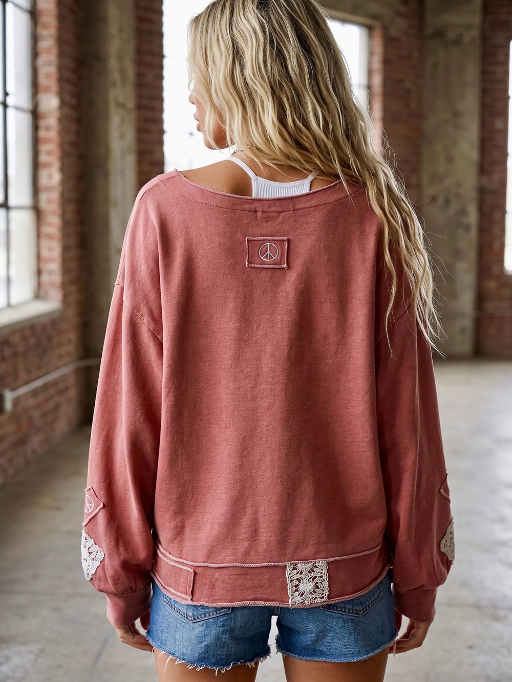 NWT POL Peace Sign Love Criss Cross Sweatshirt Top - Picture 7 of 8